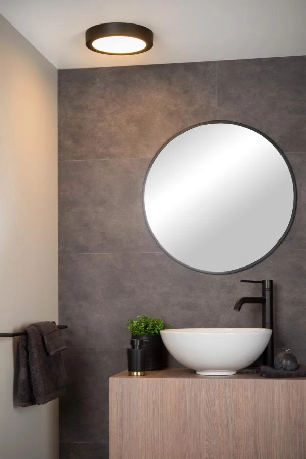Lucide BRICE-LED - Flush ceiling light Bathroom - Ø 24 cm - LED Dim. - 1x15W 3000K - IP44 - Black - atmosphere 1